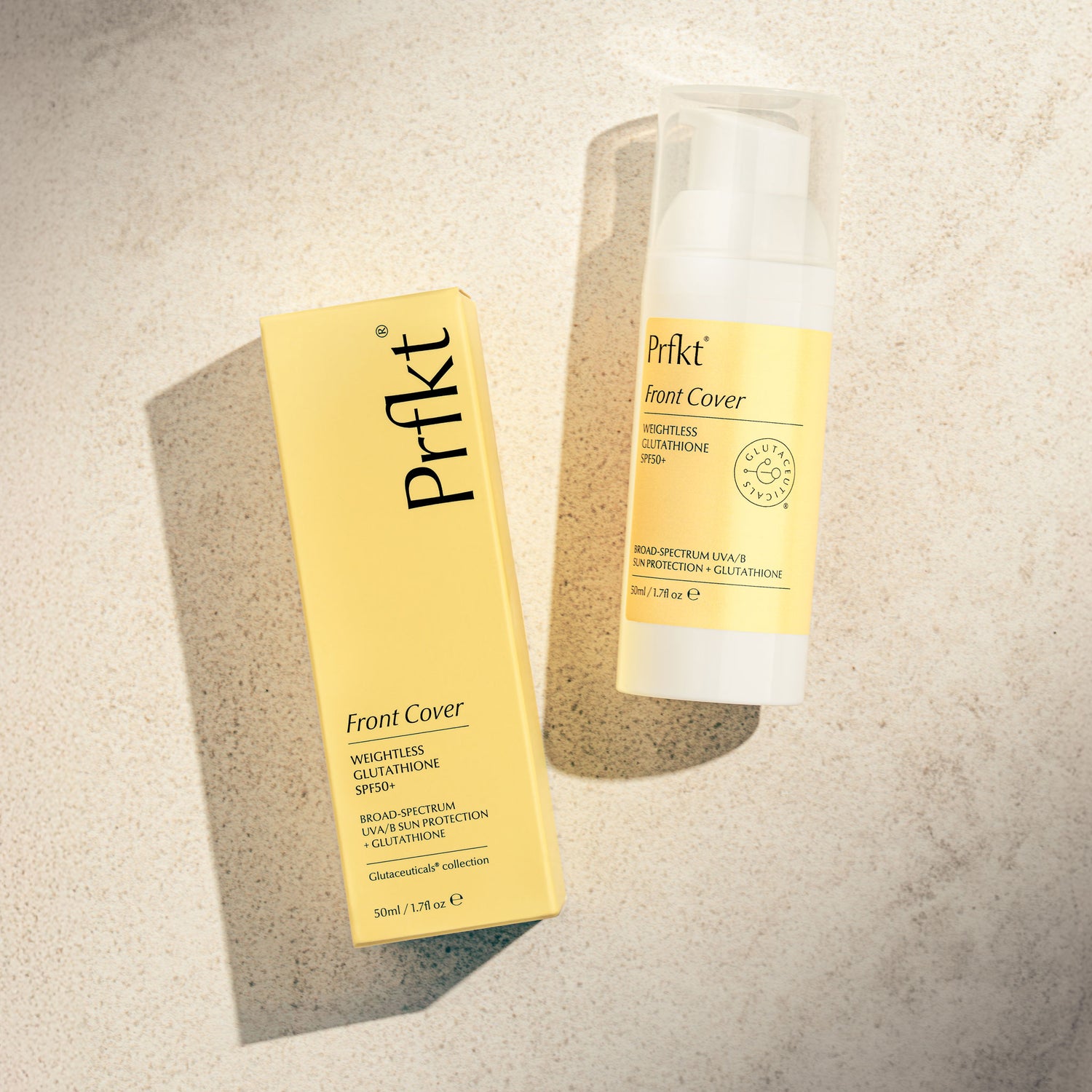 Prfkt Front Cover SPF 50+ sunscreen, 50ml bottle and box